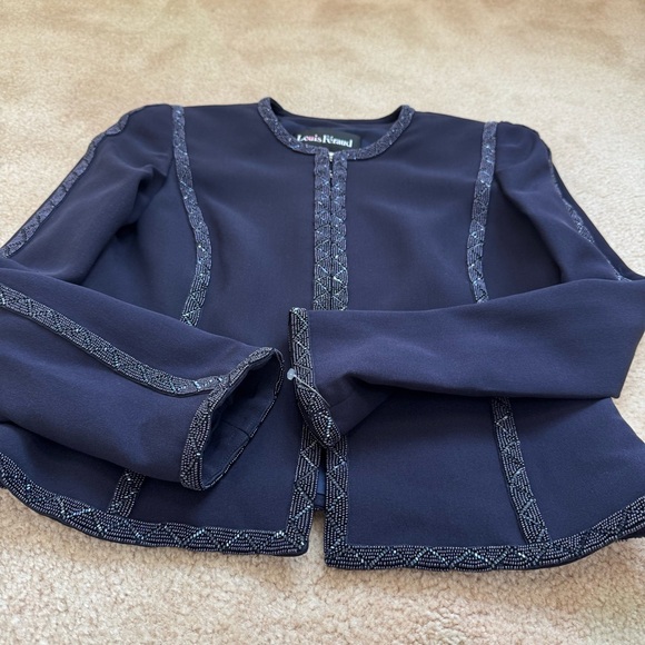 Louis Feraud 100% Silk Black Label Navy Blue Skirt Set Beaded Beads Embroidered - Picture 8 of 17